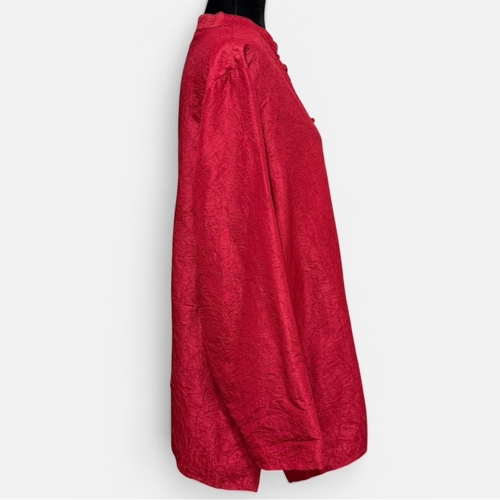 Eileen Fisher Silk Blouse Size 1X Red Mandarin Collar Frog Button Tunic Top - Picture 3 of 8